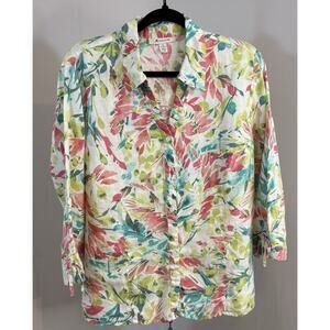 100% Linen Shirt 16 Button Botanical Boho 3/4 Sleeve Organic Resort Beach